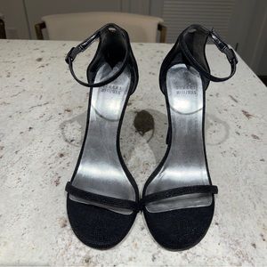 Stuart Weitzman Nudist Sandal Heel in Pebbled Black